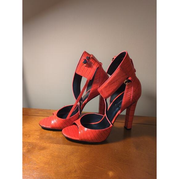 Alexander Wang Heels 40 Red Snake Skin Peep Toe Buckle Ankle Cuff High Heel - Picture 3 of 8